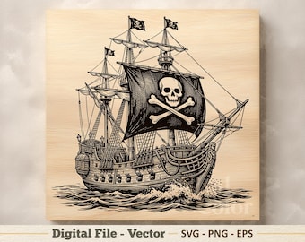 Ilustración vectorial de barco pirata SVG – Arte lineal de calavera PNG - Clipart de grabado láser – Descarga digital