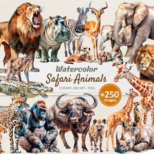 Clipart Safari aquarelle - Illustration des animaux de la jungle - Bébés animaux PNG - Usage commercial