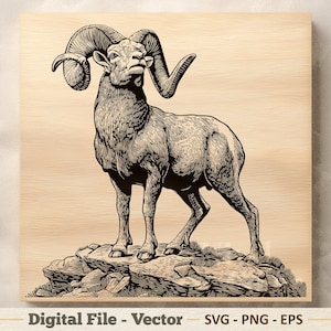 Könnte beinhalten: Eine schwarz-weiße Strichzeichnung eines Dickhornschafs, das auf einem Felsvorsprung steht, mit detaillierter Schattierung und geschwungenen Hörnern. Unter dem Bild steht der Text: Digital File - Vector SVG - PNG - EPS.