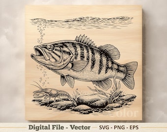 スモールマウスバスのベクターイラストSVG – 魚の線画PNG – 釣り彫刻クリップアート – デジタルダウンロード