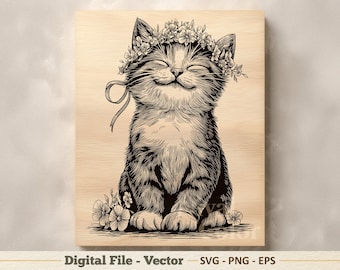 Ilustración vectorial de gato SVG – Arte lineal floral de gatito PNG - Clipart de grabado láser – Descarga digital