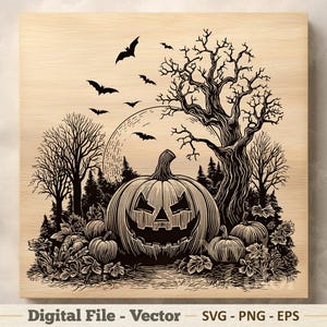 May include: A black and white Halloween-themed illustration featuring a carved pumpkin with a sinister grin, surrounded by smaller pumpkins, trees, and bats flying in front of a full moon. The words "Digital File - Vector" are at the bottom.