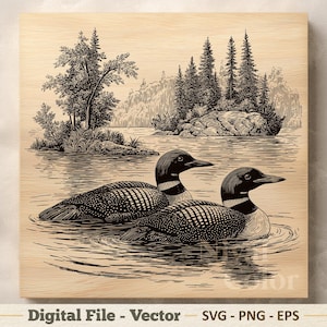 May include: A monochrome illustration of two loons on a lake, with a detailed depiction of the birds, water, and a forested shoreline. The image is set against a light wood grain background, reminiscent of a woodcut print.
