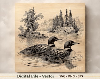 Loon Vector Illustration SVG – Lake Birds Line Art PNG - Laser Engraving Clipart – Digital Download