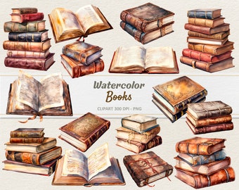 May include: Watercolor illustrations of various open and closed books. The books are painted in shades of brown, red, and yellow. The image is labeled "Watercolor Books" and "Clipart 300 DPI - PNG".