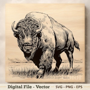 Puede incluir: Ilustración en blanco y negro de un bisonte sobre un fondo de madera. El bisonte se representa con la cabeza baja, cuernos visibles, de pie en hierba alta. Las palabras "Digital File - Vector" están en la parte inferior.