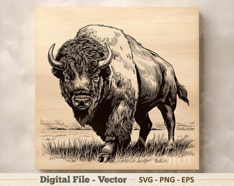 Bizon vectorillustratie SVG – Buffalo Wildlife lijntekeningen PNG - lasergravure clipart – digitale download