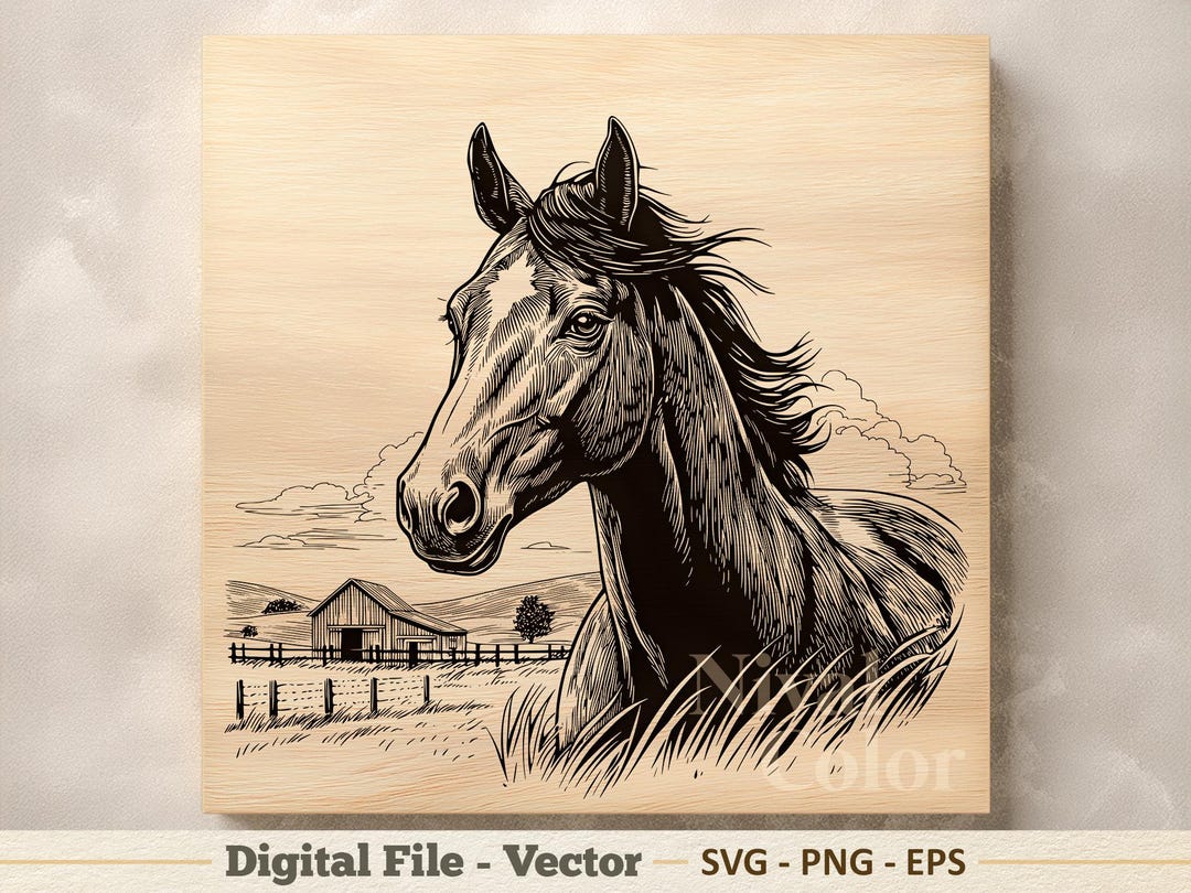 Horse Vector Illustration SVG – Farm Horse Line Art PNG – Rustic ...