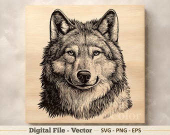 Ilustración vectorial de retrato de lobo SVG – Arte lineal facial PNG - Clipart de grabado láser – Descarga digital