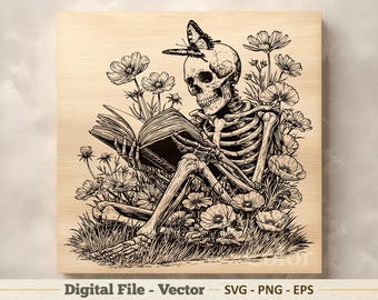 Skeleton Book Vector Illustration SVG – Floral Line Art PNG - Laser Engraving Clipart – Digital Download