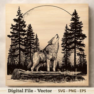Puede incluir: Ilustración en blanco y negro de un lobo aullando a la luna, en un entorno forestal. La obra presenta pinos y un tronco, con el texto "Digital File - Vector" en la parte inferior.