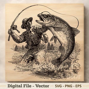 Fisherman Vector Illustration SVG – Trout Fishing LineArt PNG EPS - Laser Engraving Cutting Board - Sublimination Clipart – Digital Download