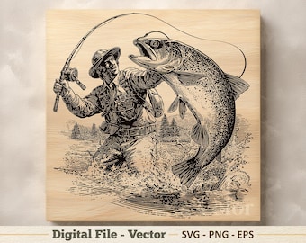 Ilustración vectorial de pescador en formato SVG – Dibujo lineal de pesca de trucha en formato PNG y EPS – Imágenes prediseñadas para grabado láser – Descarga digital