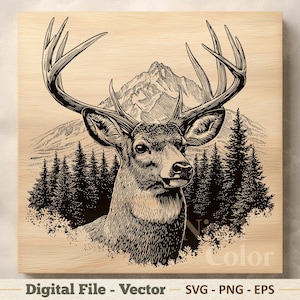 Puede incluir: Ilustración detallada en blanco y negro de un ciervo con grandes cuernos, sobre un fondo de montaña y pinos. La obra de arte está sobre un fondo claro de vetas de madera. El texto en la parte inferior dice "Digital File - Vector SVG - PNG - EPS".