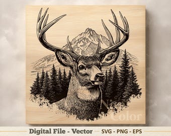 Cerf Portrait Vector Illustration SVG - Buck Line Art PNG - Clipart de gravure laser - téléchargement numérique