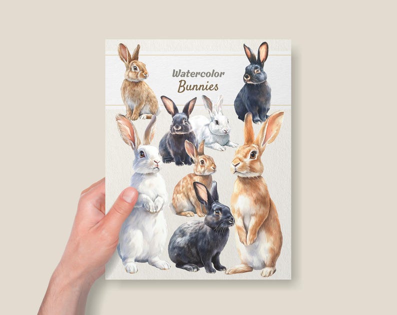 Op de afbeelding: Waterverf schilderij van acht konijnen in verschillende poses. De konijnen zijn wit, bruin, zwart en grijs. Het schilderij is getiteld "Waterverf konijnen".
