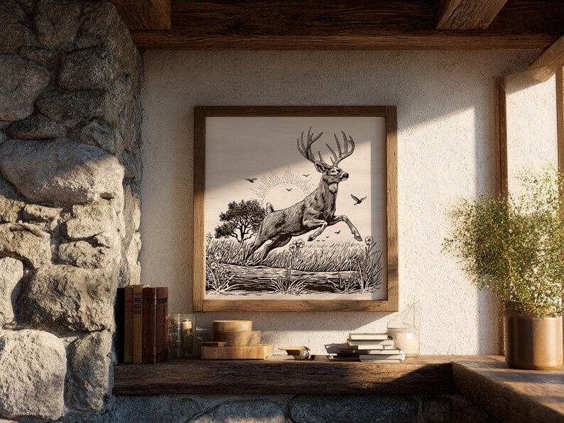 Deer Vector Illustration SVG – Jumping Buck Line Art PNG - Laser ...