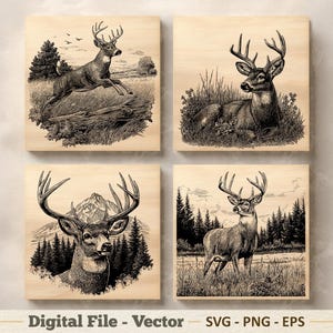 May include: Four square wooden panels featuring detailed black and white illustrations of deer. One deer leaps over a log, another rests in grass, and two stand in natural settings. The artwork is in a vintage style, suitable for rustic decor.