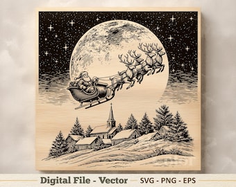 Ilustração vetorial de trenó do Papai Noel em SVG – Arte linear de lua e rena em PNG – Clipart para gravação a laser – Download digital