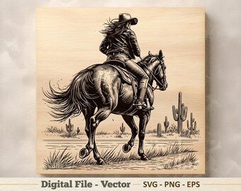 Ilustración vectorial SVG de vaquera a caballo – Dibujo lineal PNG de jinete western – Imágenes prediseñadas para grabado – Descarga digital