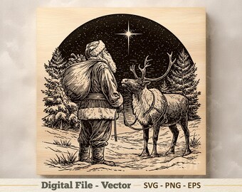 Ilustração vetorial de Papai Noel e Renas em SVG – Arte linear de estrela de Natal em PNG – Clipart para gravação a laser – Download digital