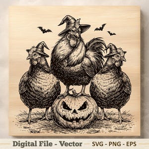 Può includere: Un'illustrazione in bianco e nero su sfondo di legno chiaro raffigurante tre polli che indossano cappelli da strega a punta. Il pollo centrale si trova sopra una zucca intagliata con un volto frastagliato, mentre due pipistrelli volano sopra.