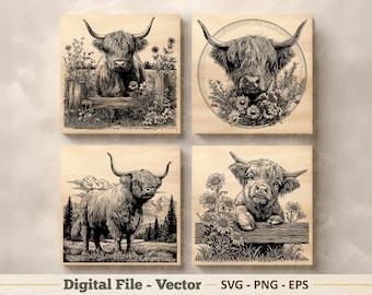 ハイランド牛のレーザー彫刻ファイル: Rustic Farmhouse PNG JPEG