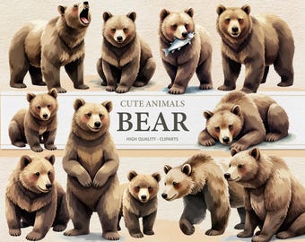 Cute Bear Nursery Clipart - Digital Illustration - Baby Shower Watercolor PNG - Commercial Use