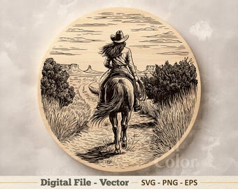 Ilustración vectorial SVG de vaquera a caballo – Dibujo lineal PNG de jinete western – Imágenes prediseñadas para grabado – Descarga digital