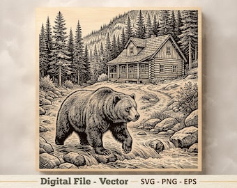 Bear Vector Illustration SVG – Grizzly Wildlife Line Art PNG - Laser Engraving Clipart – Digital Download