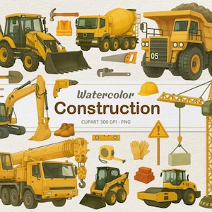Watercolor Construction Clipart - Digital Illustration Truck Crane Vehicles - Bulldozer PNG - Commercial Use
