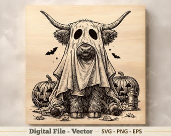 Ghost Highland Cow Vector Illustration SVG – Halloween Line Art PNG - Engraving Clipart – Digital Download