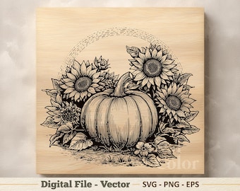 Ilustración vectorial de calabaza SVG – Dibujo lineal de girasol otoñal PNG - Imágenes prediseñadas para grabado láser – Descarga digital