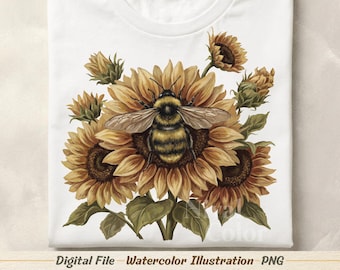 水彩画風ミツバチひまわりイラストPNG – 植物ミツバチのクリップアート – シャツデザイン印刷可能 – デジタルダウンロード