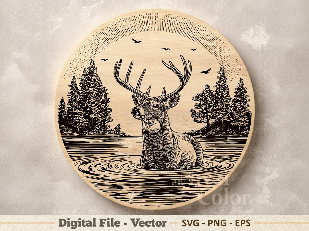Deer Lake Vector Illustration SVG – Buck Line Art PNG EPS - Laser ...