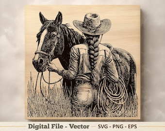 Cowgirl vectorillustratie SVG – Western Rider lijntekeningen png – lasergravure clipart – digitale download