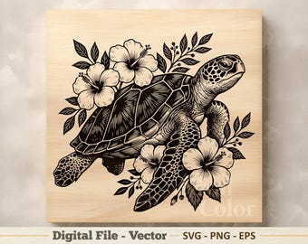 Ilustración vectorial de tortuga marina SVG – Arte floral oceánico PNG - Clipart de grabado láser – Descarga digital
