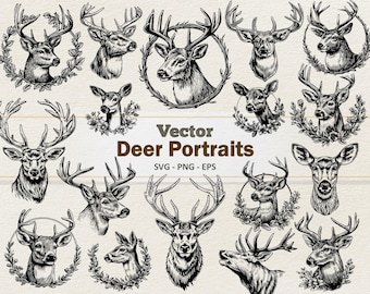 Retratos de veados clipart vetorial - Ilustração digital de arte linear - Cervo-pardo SVG PNG - Uso comercial