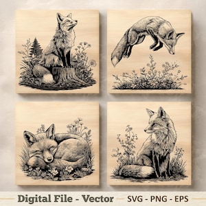 May include: Four square wooden panels featuring black ink illustrations of foxes in nature. One fox sits on a stump, one leaps over flowers, one sleeps curled up, and one sits alert. The text at the bottom reads Digital File - Vector SVG - PNG - EPS.