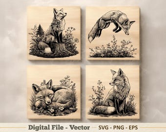 Fox vectorillustratie SVG – Woodland Fox lijntekeningen png – lasergravure clipart – digitale download