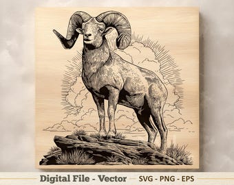 Ilustración vectorial de carnero SVG – Arte lineal de oveja de montaña PNG - Imágenes prediseñadas para grabado láser – Descarga digital