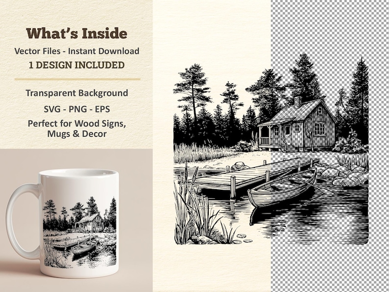 Lake Cabin Vector Illustration SVG – Woodland House Line Art PNG ...