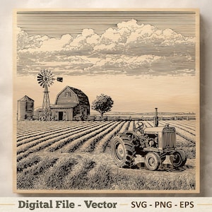 May include: A sepia-toned digital illustration of a farm scene. A tractor is in a field of crops, with a barn, silo, and windmill in the background. The sky is filled with clouds. The words "Digital File - Vector" are at the bottom.