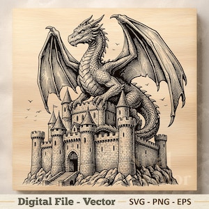 May include: A black and white line art illustration on a light wood grain background featuring a large dragon perched atop a stone castle with multiple towers and a gated entrance. Small birds are visible in the sky around the dragon's wings.