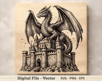 Drakenkasteel vectorillustratie SVG – drakenlijntekeningen png – lasergravure clipart – digitale download