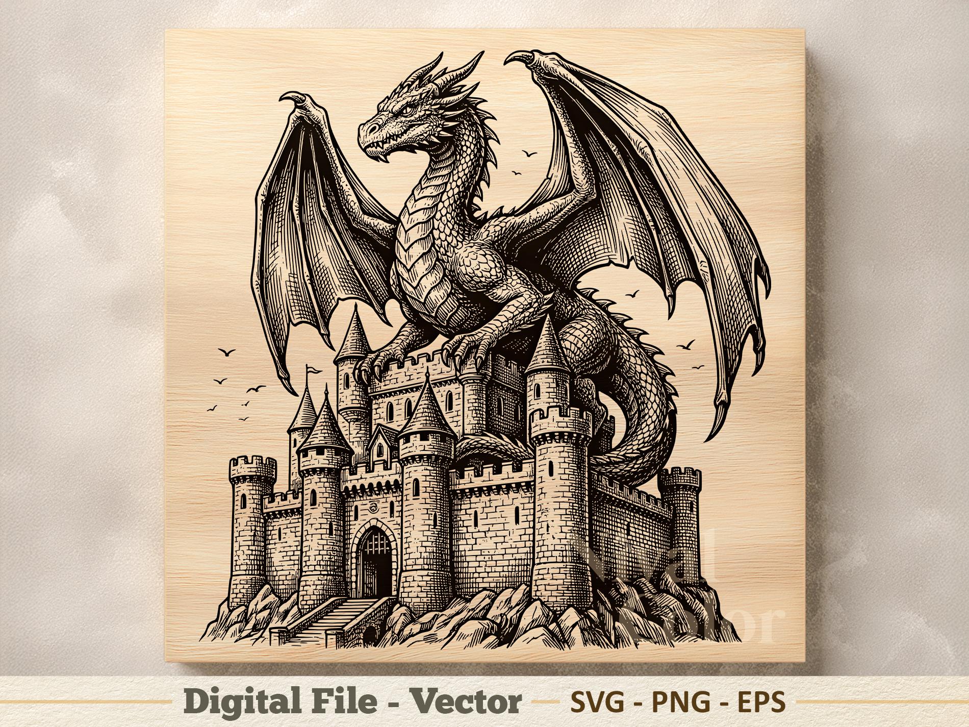 Dragon Castle Vector Illustration SVG – Dragon Line Art PNG - Laser ...