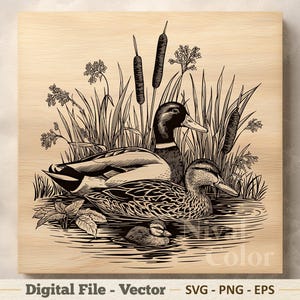 Mallard Duck Family Vector Illustration SVG – Wild Ducks Line Art PNG - Laser Engraving Clipart – Digital Download