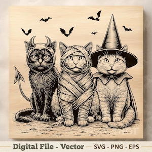 Halloween Cats Vector Illustration SVG – Witch Cat Line Art PNG - Engraving Clipart – Digital Download