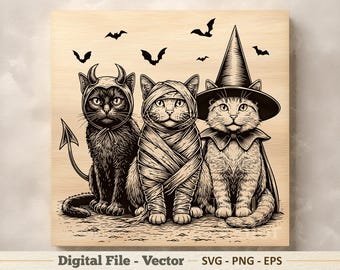 Halloween Cats Vector Illustration SVG – Witch Cat Line Art PNG - Engraving Clipart – Digital Download