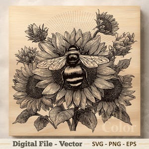 Bee Sunflower Vector Illustration SVG – Honeybee Line Art PNG EPS - Laser Engraving Cutting Board - Sublimination Clipart – Digital Download